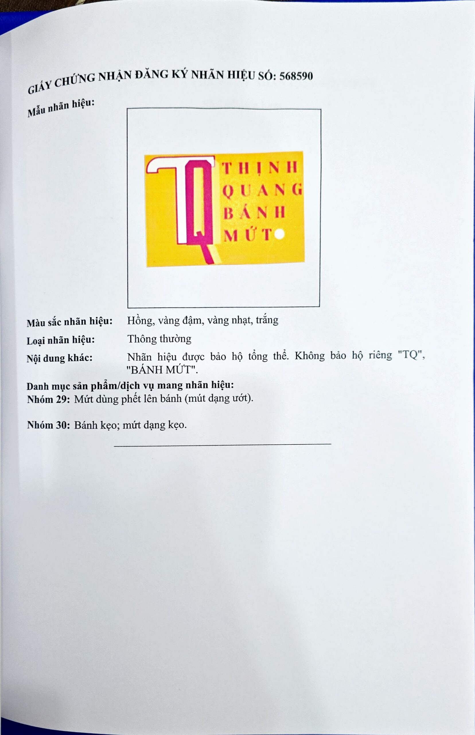 Chứng nhận bảo hộ độc quyền thương hiệu Thịnh Quang Bánh Mứt